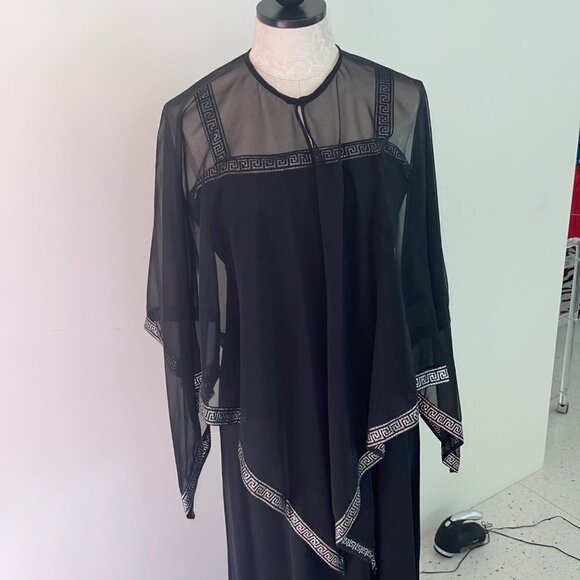 Vintage Womens Maxi Dress Cape Set Black Size Medium 70s Empire Waist Greek Trim - Picture 16 of 16